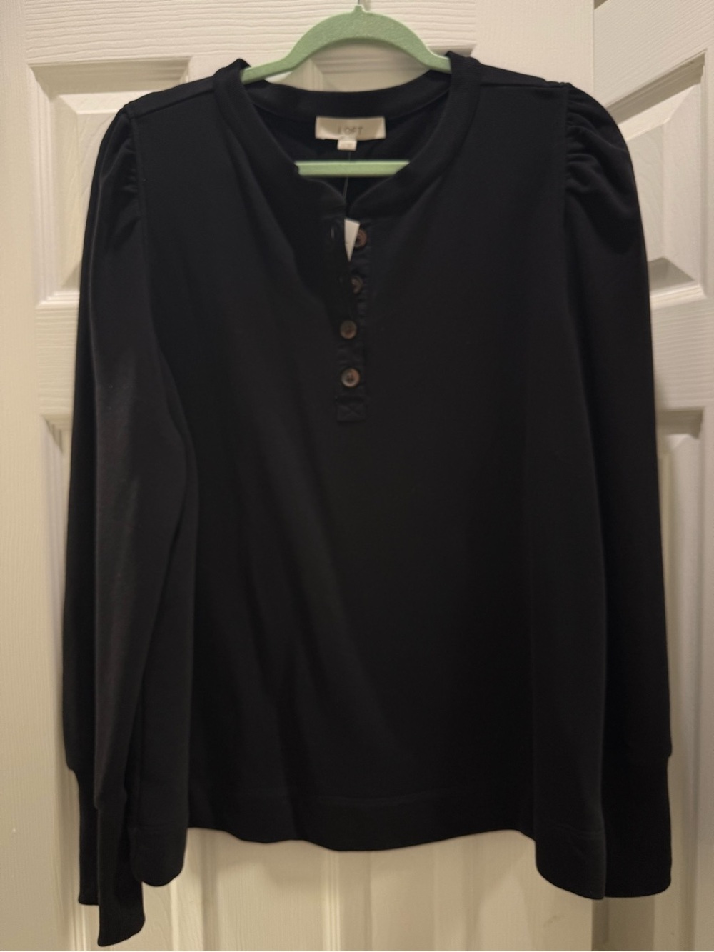 LOFT Black Long-Sleeve Henley with Button Placket